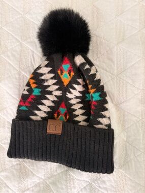 UNISEX - C.C Black Pom Pom Aztec Knit Beanie